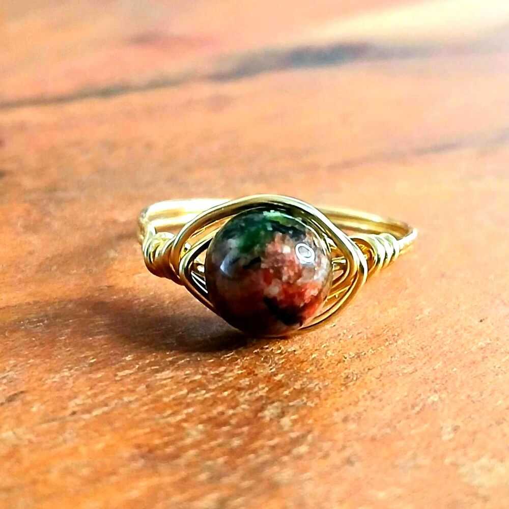 Unakite Jasper Crystal Beaded Ring, Wire Wrapped, Gold, Size 9